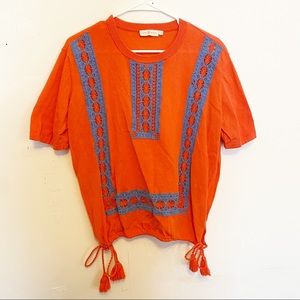 Tory Burch detailed tassel and embellished crochet cotton blouse